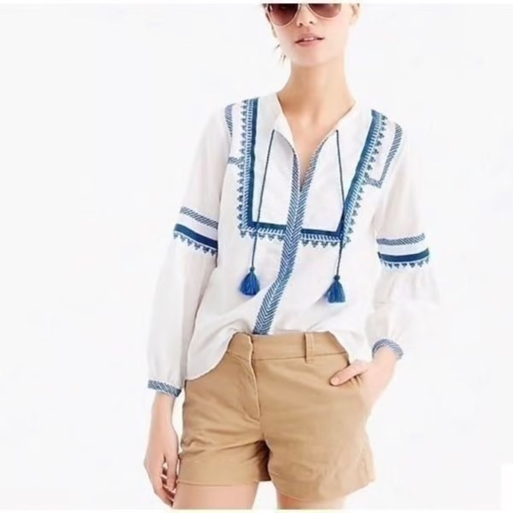 J. Crew Women’s Embroidered Boho Linen & Cotton Navy & Green Top Blouse Size 10 - Picture 3 of 14
